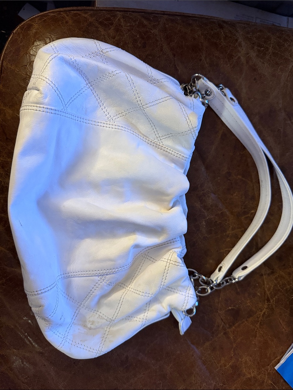 Roberta Gandolfi White Italian Leather Quilted Hobo Shoulder Bag Silver Chain